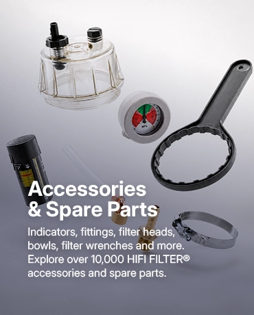 Indicators, fittings, filter heads, bowls, filter wrenches and more.
Explore over 10,000 HIFI FILTER® accessories and spare parts.