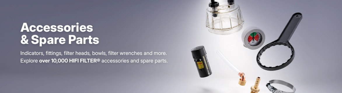 Indicators, fittings, filter heads, bowls, filter wrenches and more.
Explore over 10,000 HIFI FILTER® accessories and spare parts.